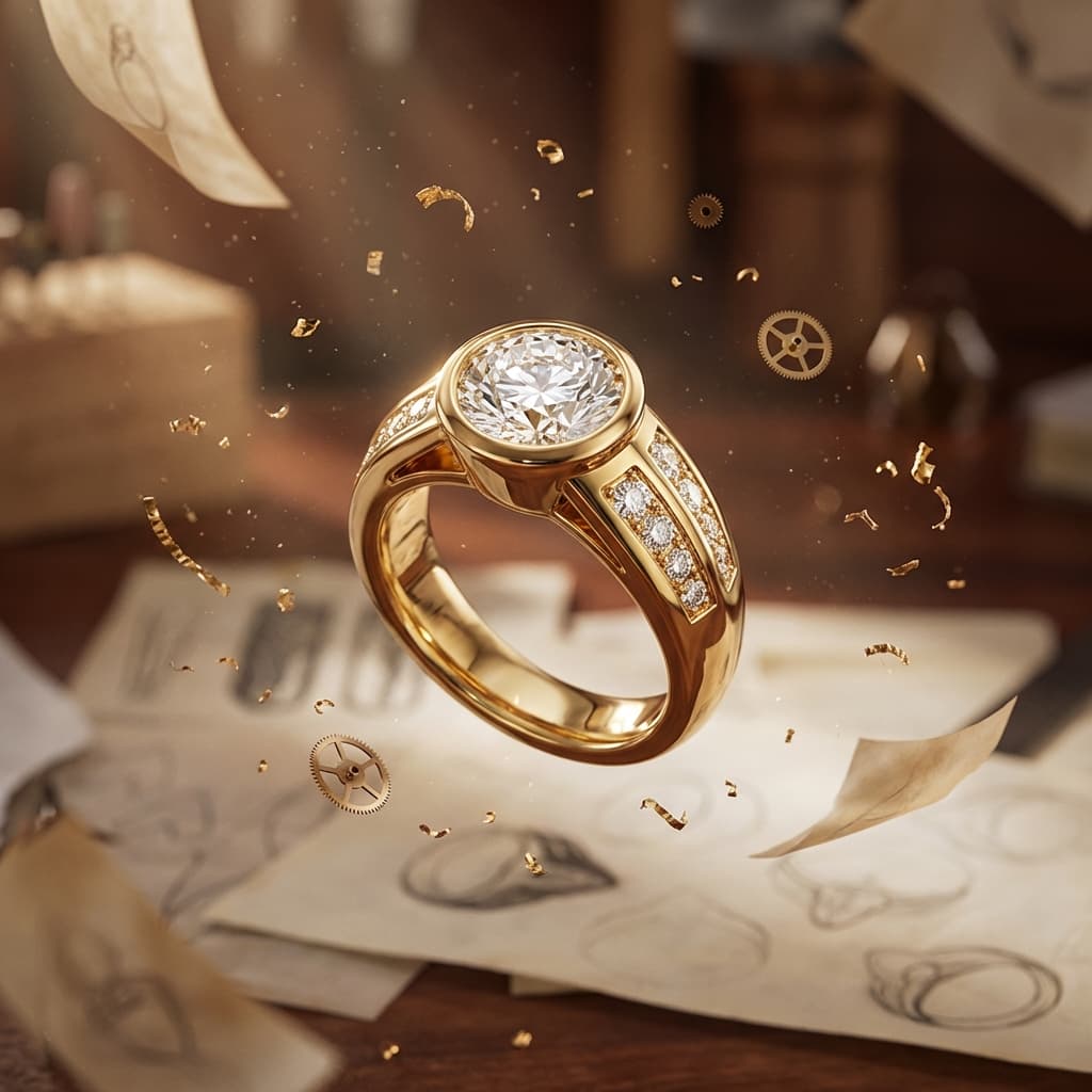 Gold diamond ring setting; jewelry repair or jewelry sales concept.
