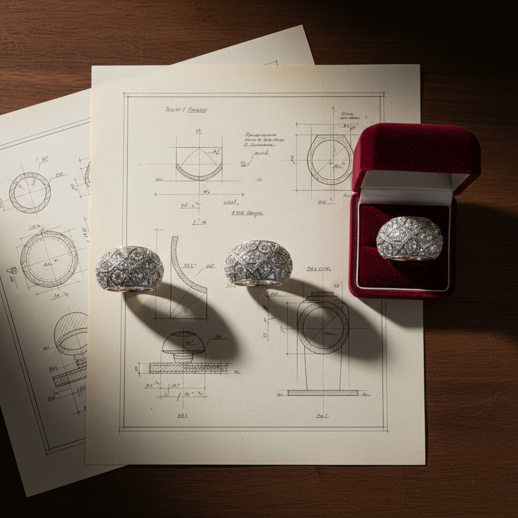 Custom diamond ring design drawings, jewelry repair service, jewelry sales concept.