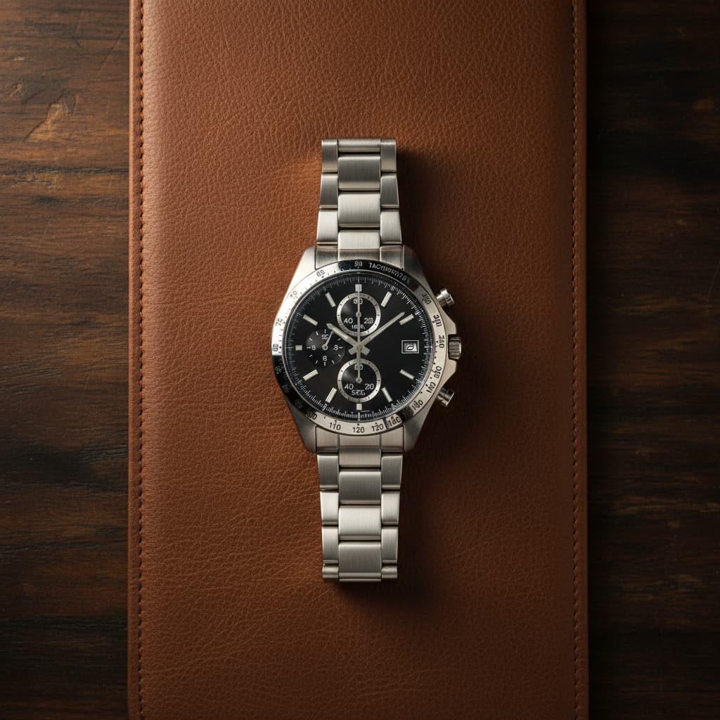 Silver chronograph wristwatch on brown leather, watch repair or sale
