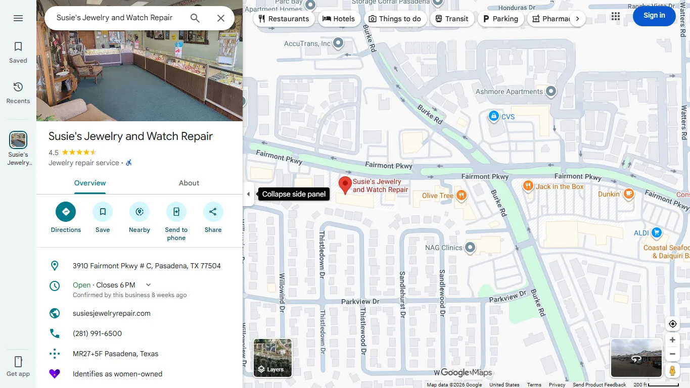 Map preview centered on Susie’s Jewelry and Watch Repair in Pasadena, Texas